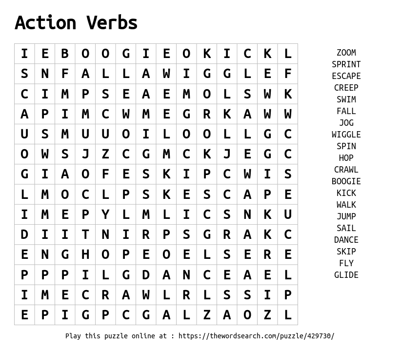 Same Travel agency lonely Download Word Search on Action Verbs