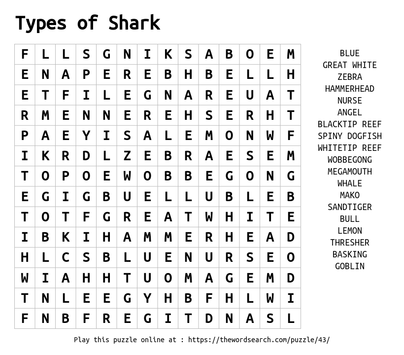 Word Search on Types of Shark