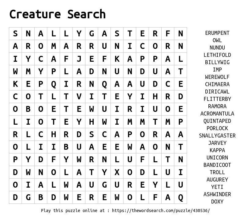 Word Search on Creature Search