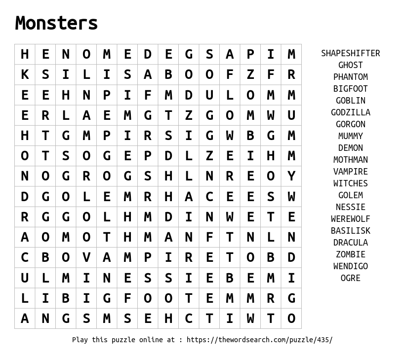 Word Search on Monsters