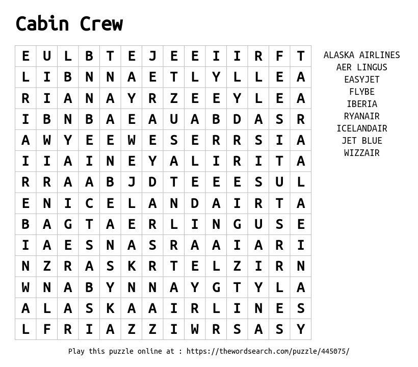 Cabin Crew Word Search