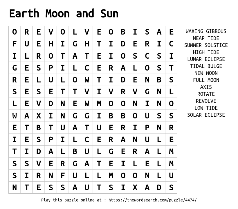 Word Search on Earth Moon and Sun
