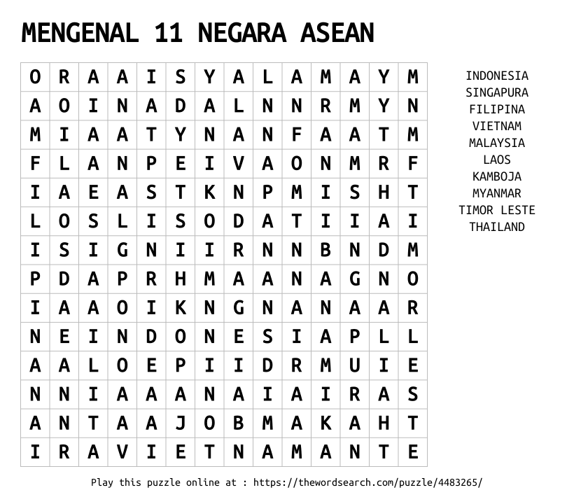 Word Search on MENGENAL 11 NEGARA ASEAN