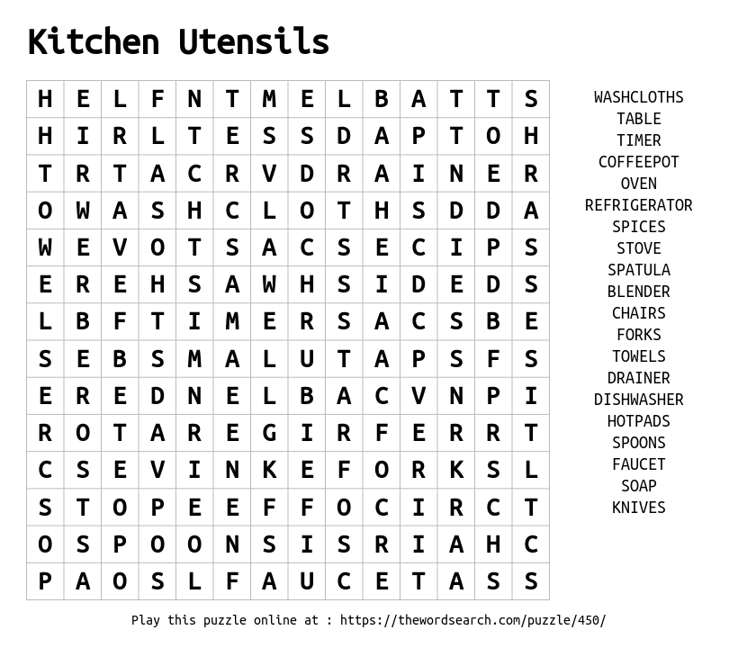 Word Search on Kitchen Utensils