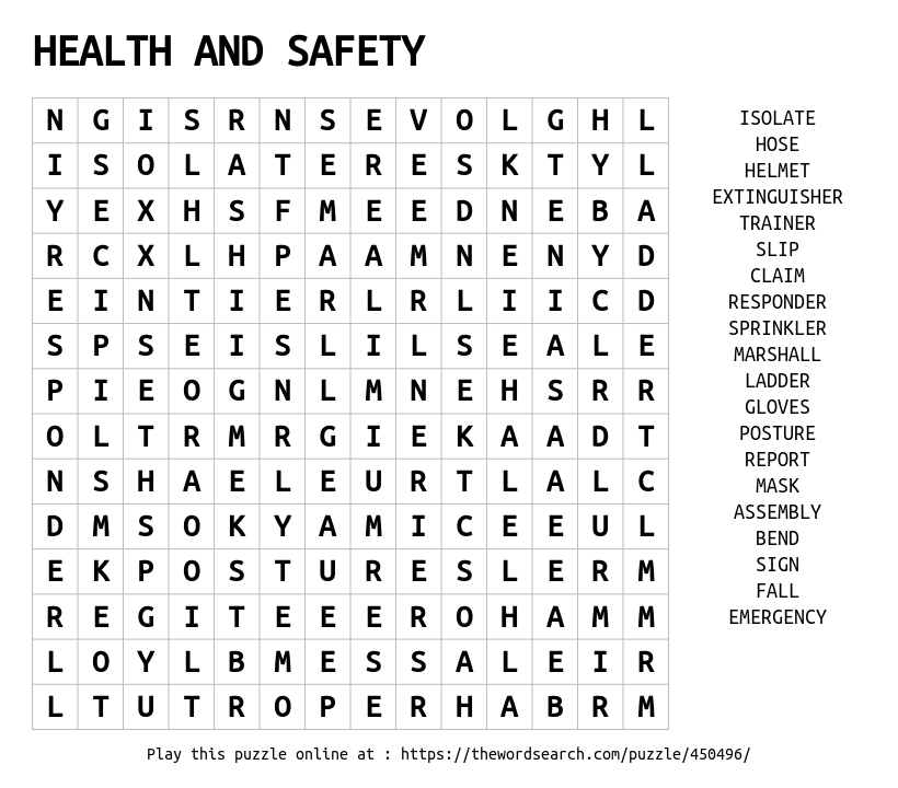 HEALTH AND SAFETY Word Search