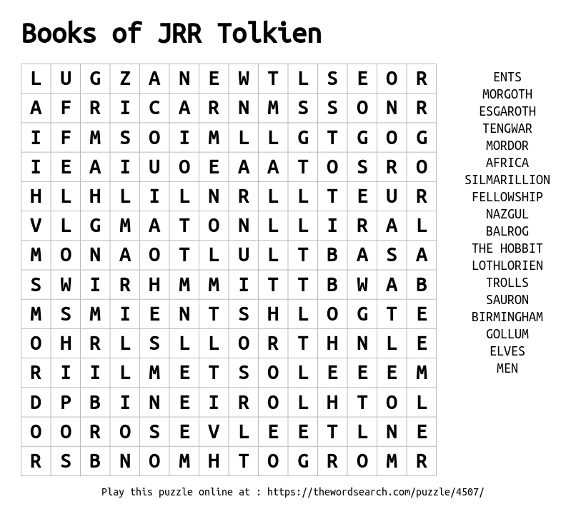 Download Word Search on Books of JRR Tolkien