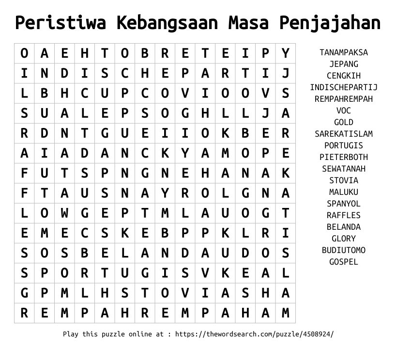 Word Search on Peristiwa Kebangsaan Masa Penjajahan