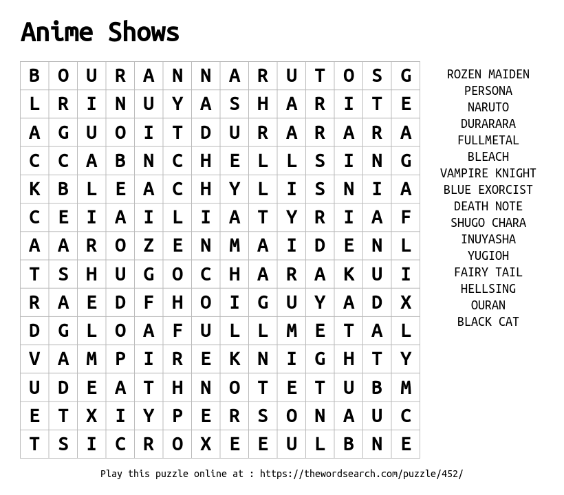 Printable & Online Anime Word Search Collection 2023