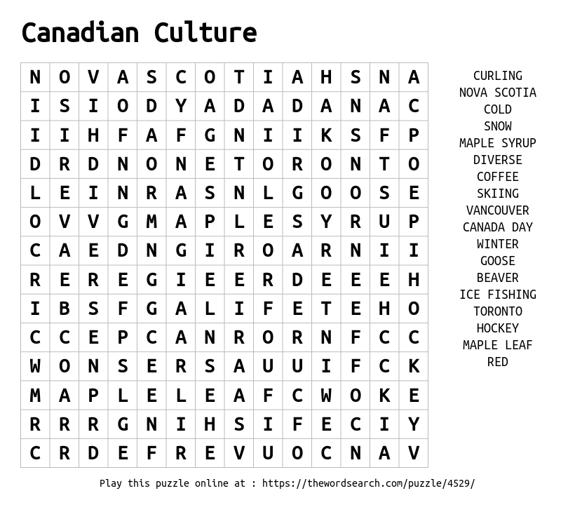 Download Word Search on Canadian Culture