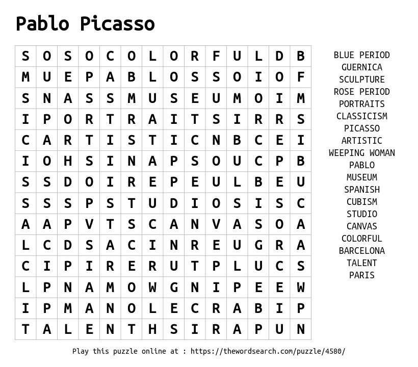 Download Word Search On Pablo Picasso