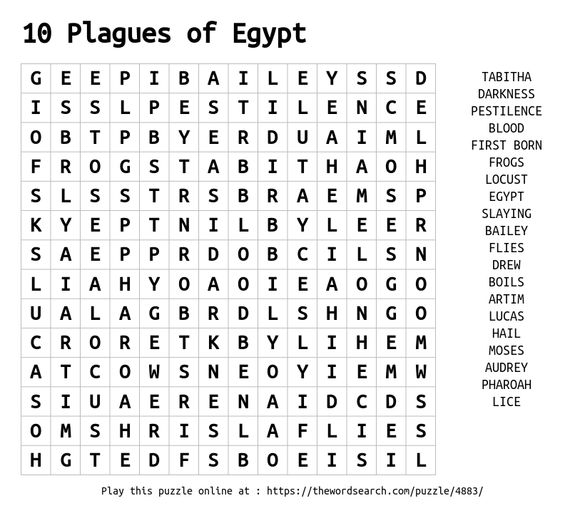 Word Search on 10 Plagues of Egypt