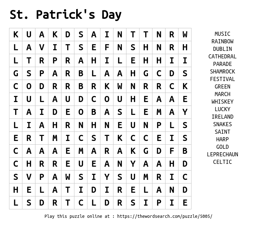 Word Search on St. Patrick's Day