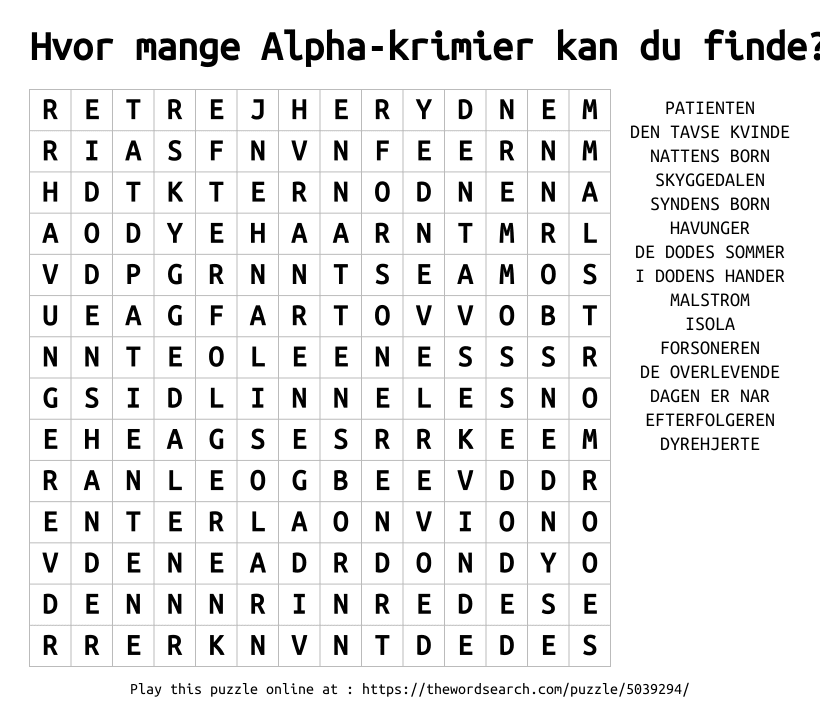 Word Search on Hvor mange Alpha-krimier kan du finde?