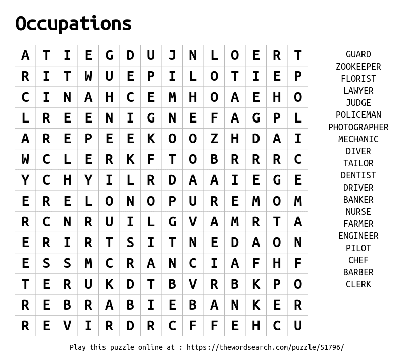 Word Search on Occupations