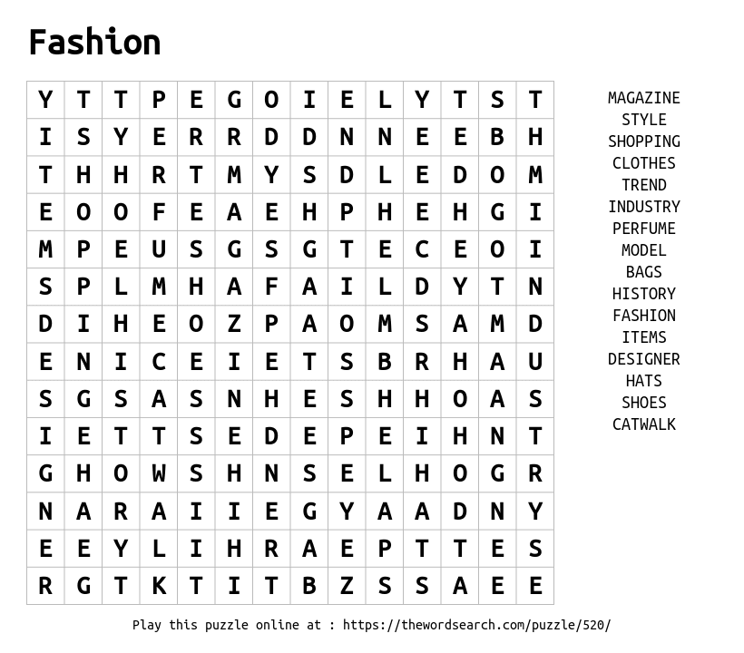 Download Word Search On Fashion