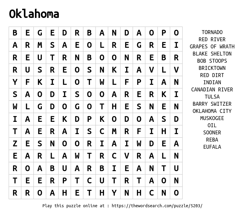 Word Search on Oklahoma