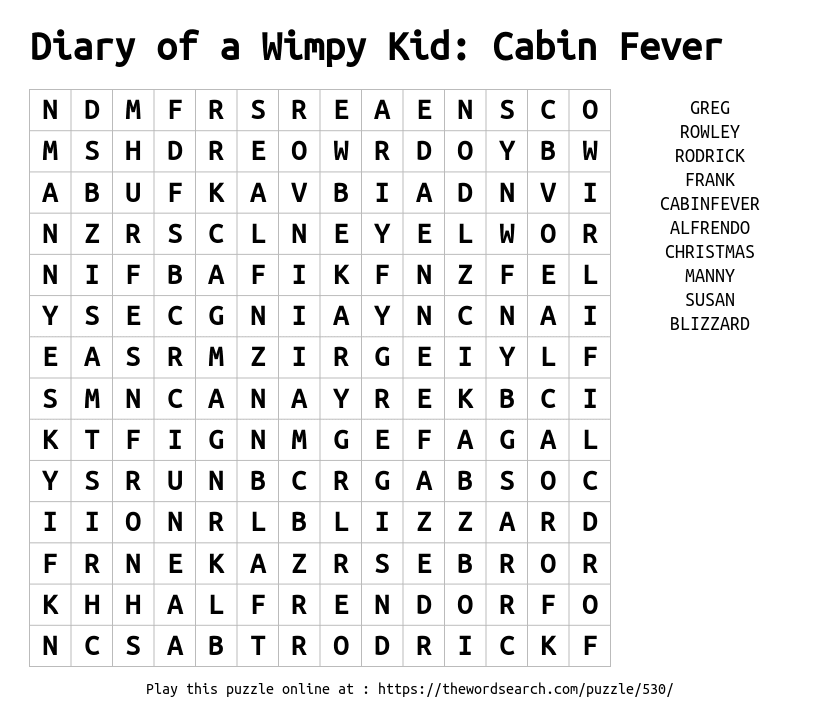 Word Search on Diary of a Wimpy Kid: Cabin Fever