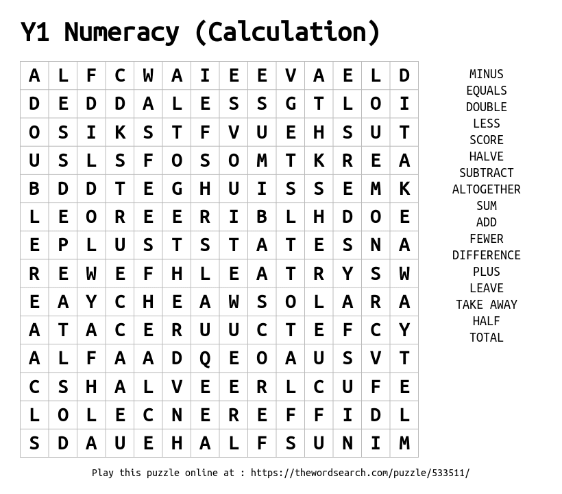 Download Word Search on Y1 Numeracy (Calculation)