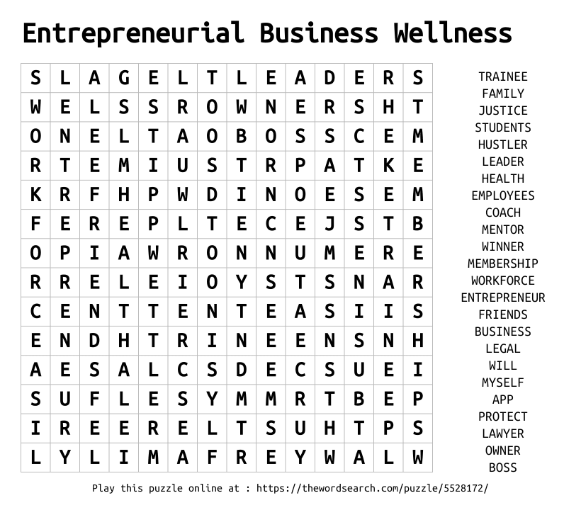 Word Search on Entrepreneurial Business Wellness