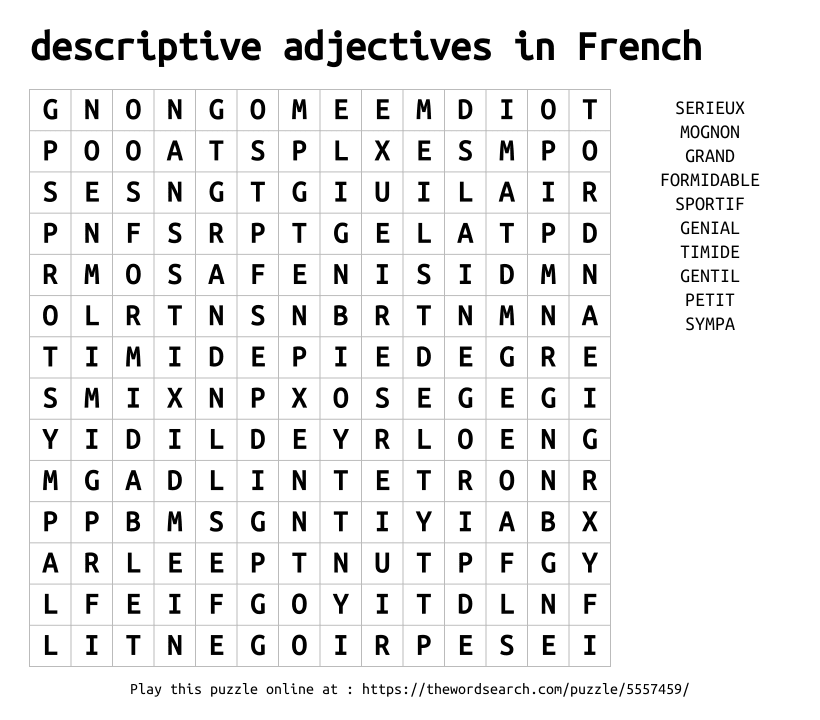 Word Search on descriptive adjectives in French