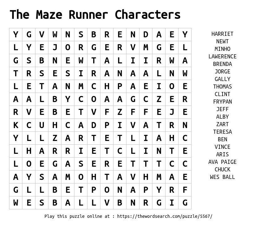 Similar to The Maze Runner Word Search - WordMint