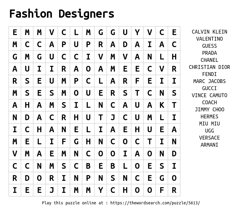 Word Search on Fashion Designers