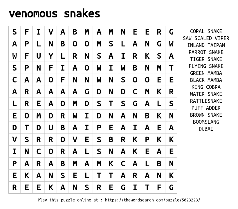 Download Word Search on venomous snakes