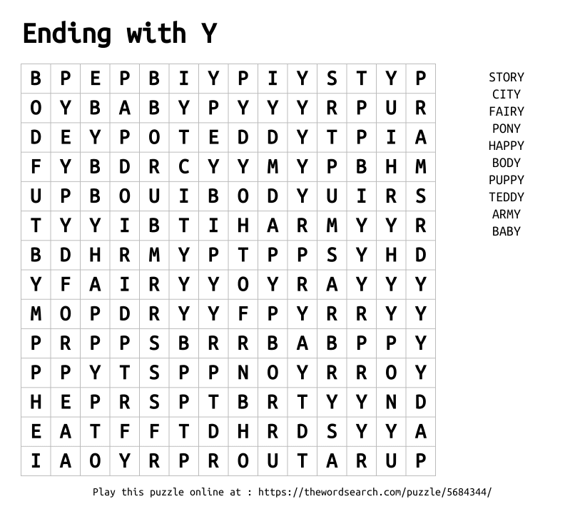 Word Search on Ending with Y