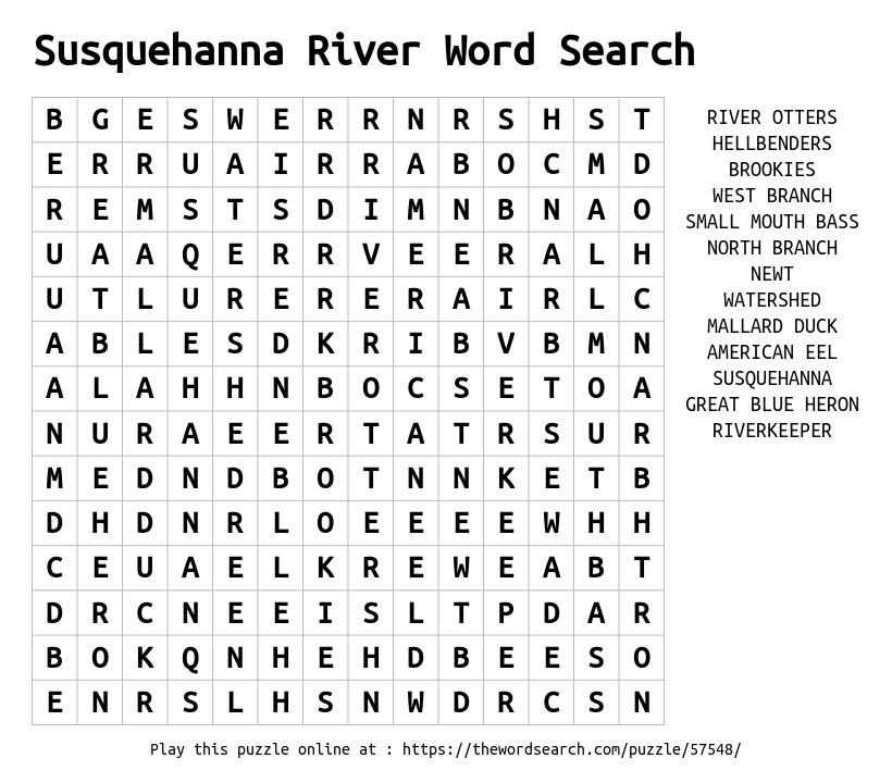 Word Search on Susquehanna River Word Search
