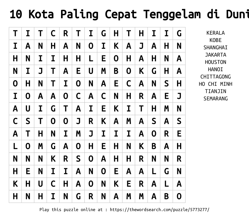 Word Search on 10 Kota Paling Cepat Tenggelam di Dunia