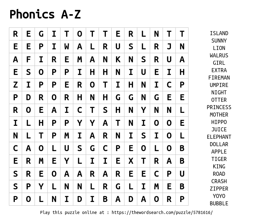 Phonics A Z Word Search