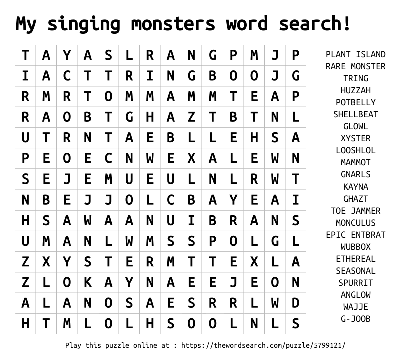 Word Search on My singing monsters word search!