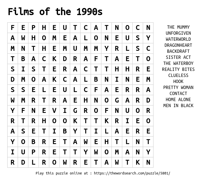 Word Search on Films of the 1990s