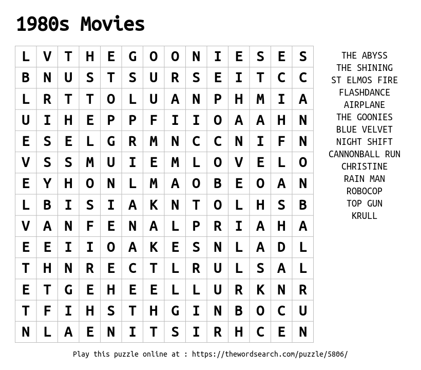 Word Search on 1980s Movies