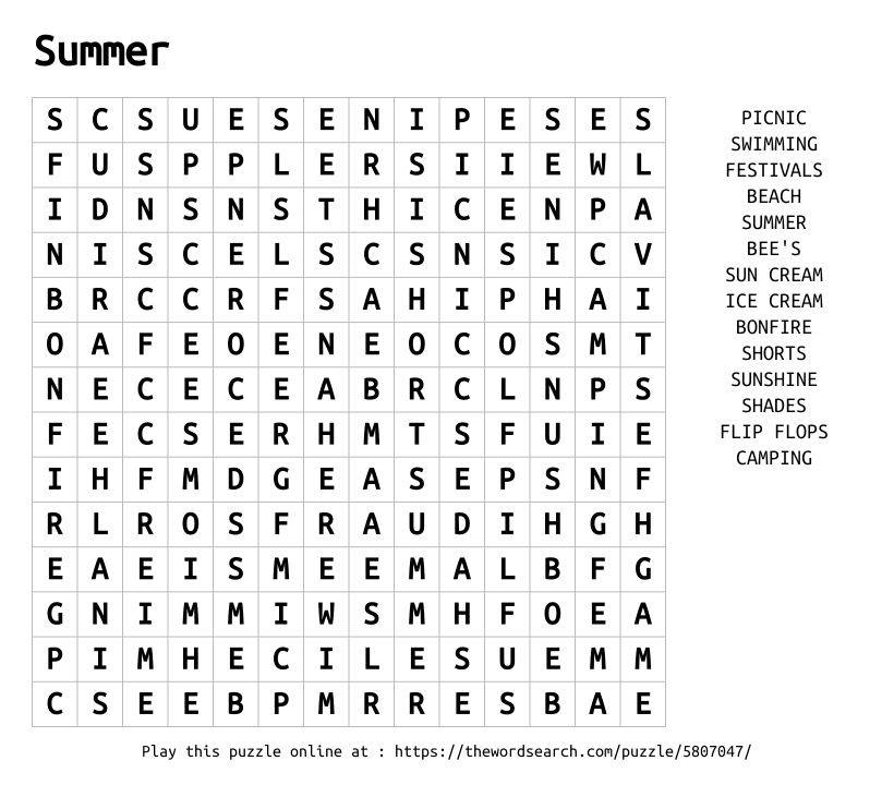 Word Search on Summer