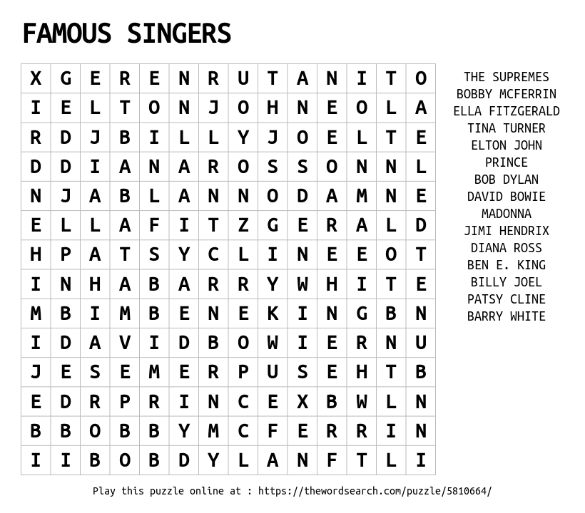 Word Search on FAMOUS SINGERS