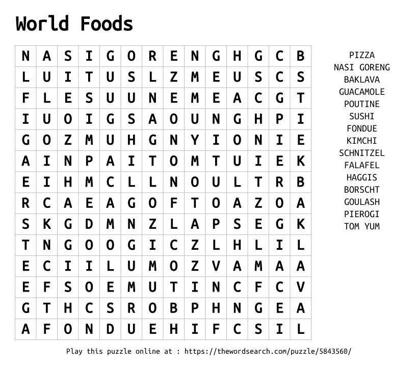 Word Search on World Foods
