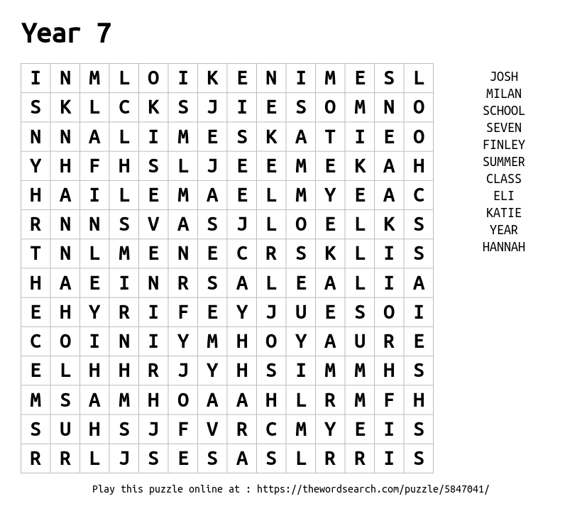 Year 7 Word Search