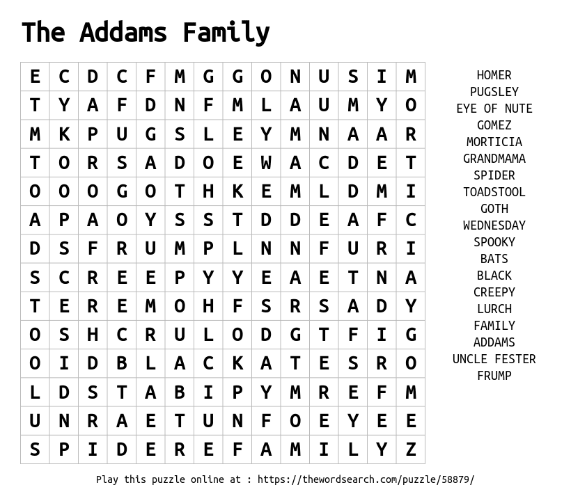 Download Word Search on The Addams Family