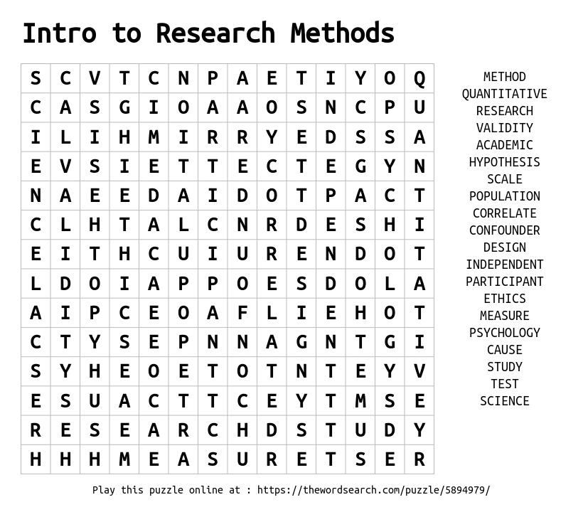 Word Search on Intro to Research Methods