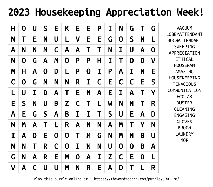 Word Search on 2023 Housekeeping Appreciation Week!