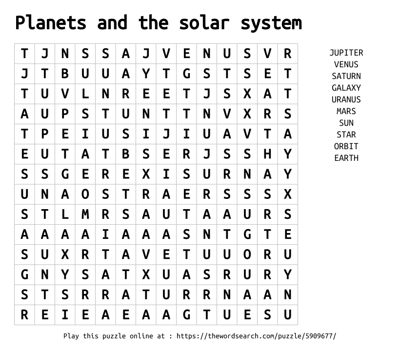 Word Search on Planets and the solar system