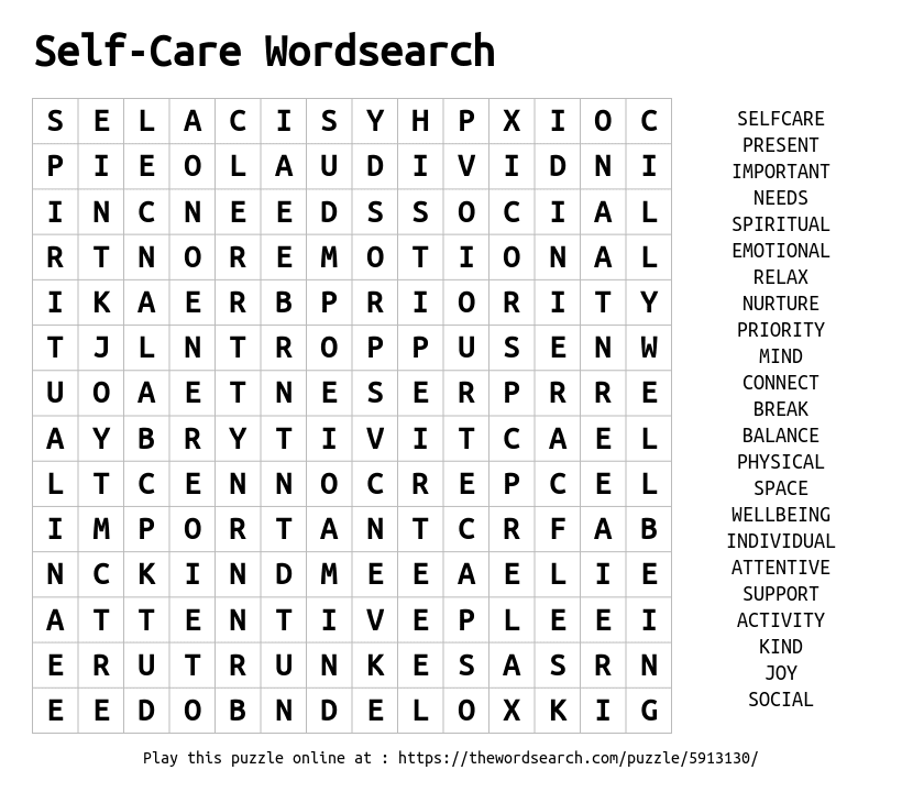 Word Search on Self-Care Wordsearch