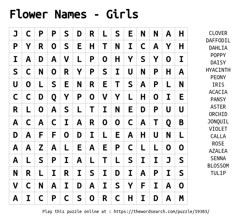 Flower Names - Girls Word Search