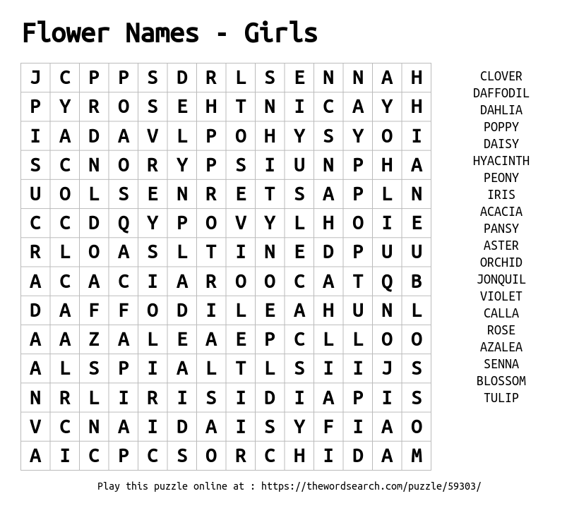 flower names girls word search