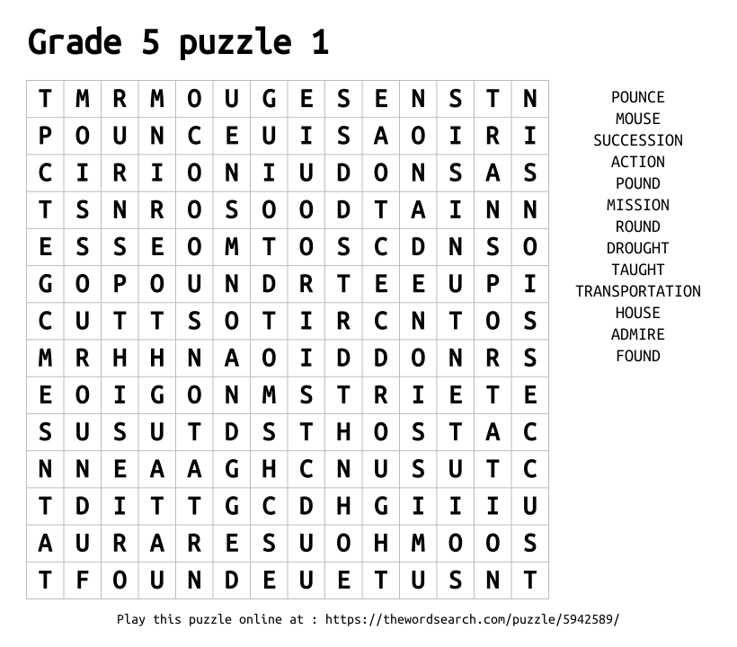 Word Search on Grade 5 puzzle 1