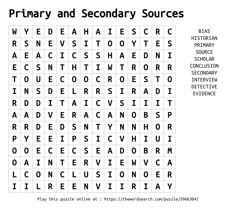 Word Search on Primary and Secondary Sources