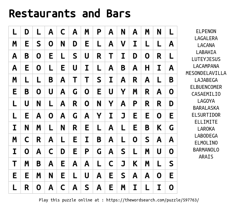 Download Word Search On Restaurants And Bars