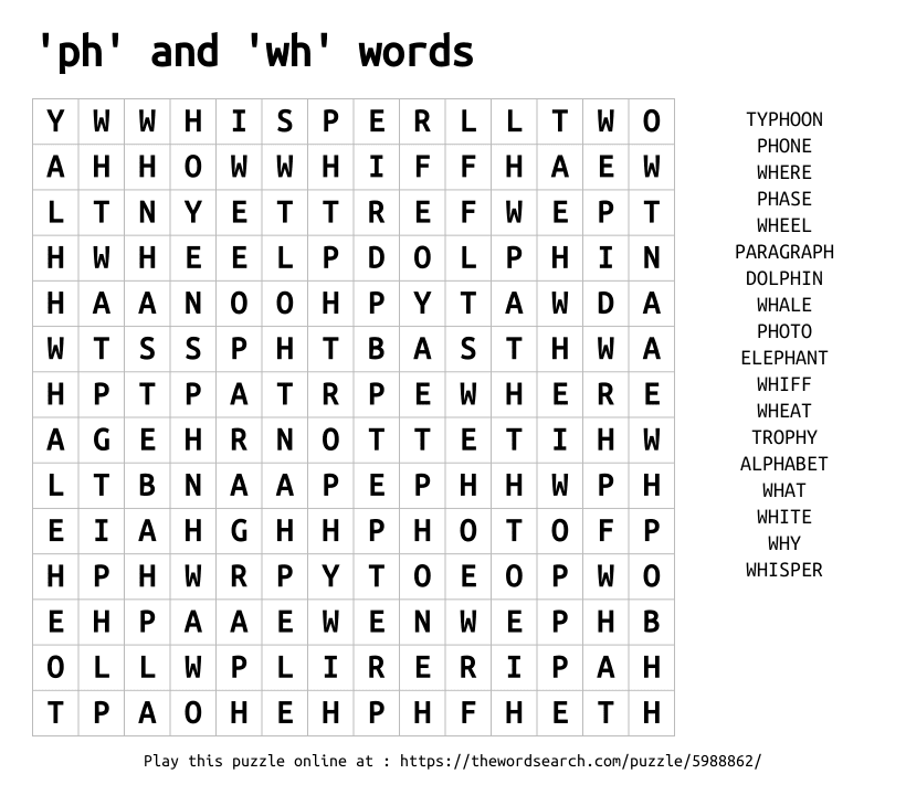 Word Search on 'ph' and 'wh' words