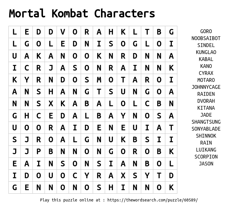 Download Word Search On Mortal Kombat Characters